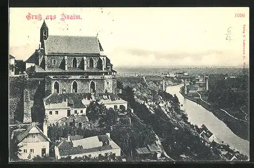 AK Znaim, Kirche mit Blick auf die Nordwestbahnbrücke