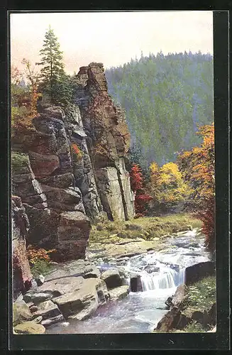 Künstler-AK Photochromie Serie IV: Pockau, Ortspartie mit Felsen im Pockautal