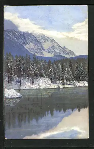 Künstler-AK Photochromie Nr. 2900: Uferpartie mit Bäumen im Schnee