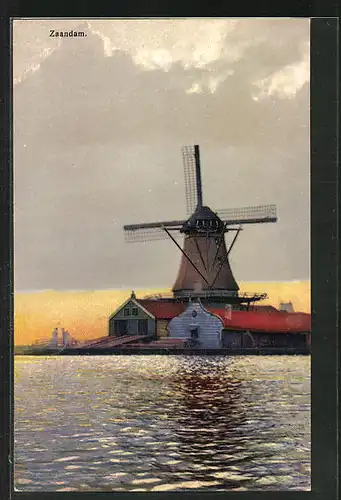 Künstler-AK Photochromie Nr. 2961: Zaandam, Uferpartie mit Windmühle