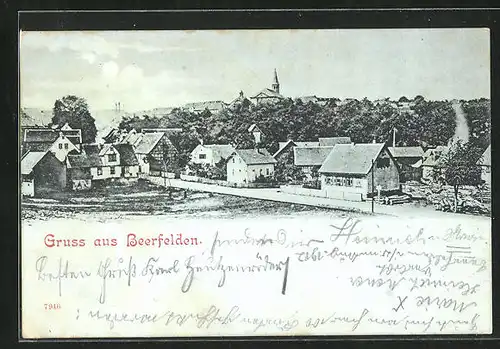 Mondschein-AK Beerfelden, Dorfansicht mit Kirchturmspitze