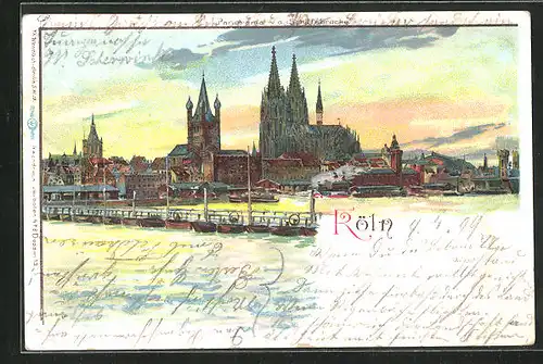 Lithographie Köln, Hafen und Dom in der Sonnenröte