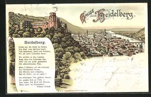 Lithographie Heidelberg, Totalansicht mit Gedicht der Stadt