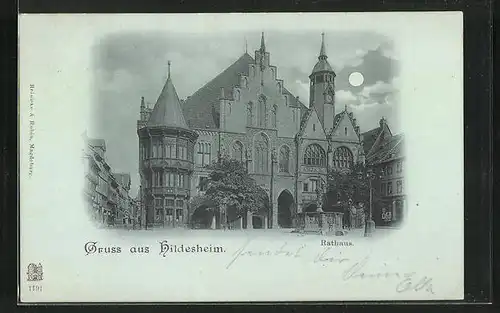 Mondschein-AK Hildesheim, Rathaus im Licht des Vollmondes