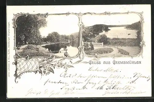 AK Gremsmühlen, See des Ortes mit Besuchern