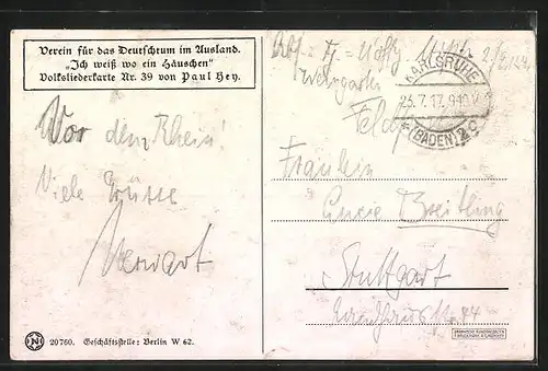 Künstler-AK Paul Hey: Verein für das Deutschtum im Ausland, Volksliedkarte Nr. 39 Ich weiss wo ein Häuschen