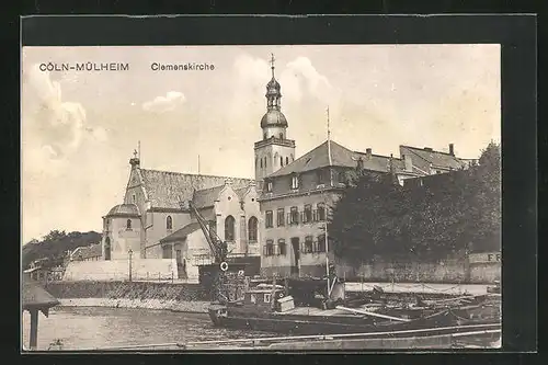 AK Cöln-Mülheim, Clemenskirche mit Boot