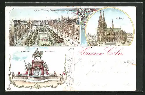 Lithographie Köln, Dom, Kaiser Wilhelm I., Kaiser Wilhelmring