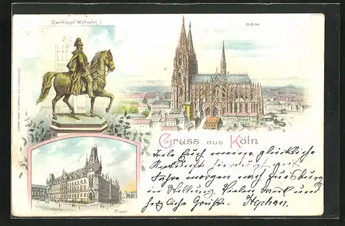 Lithographie Köln, Dom, Denkmal Wilhelm I., Post