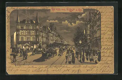 Lithographie Köln a. Rh., Hohenzollernring mit Strassenbahn bei Mondschein