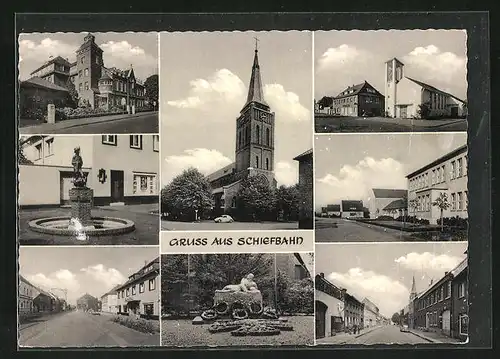 AK Schiefbahn, Moderne Kirche, Strassenpartie, Kriegerdenkmal