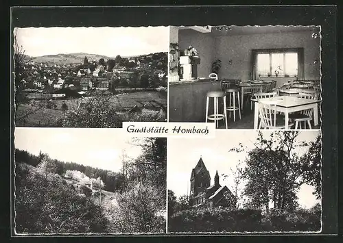 AK Morsbach /Sieg, Gasthaus Hombach, Ortsansicht, Kirche