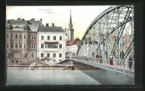 AK Villach, Draubrücke gegen Kirchturm