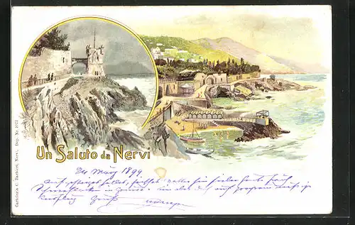 Lithographie Nervi, Promenade an Küste, Ortspartie mit Strand