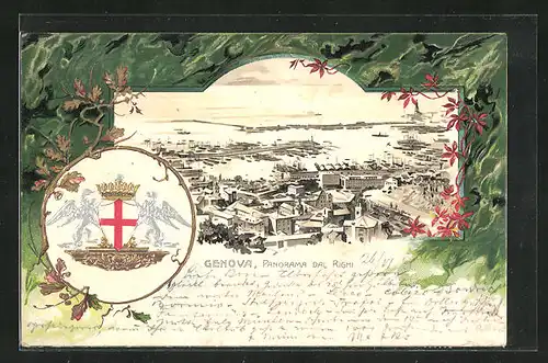 Passepartout-Lithographie Genova, Panorama dal Righi, Wappen