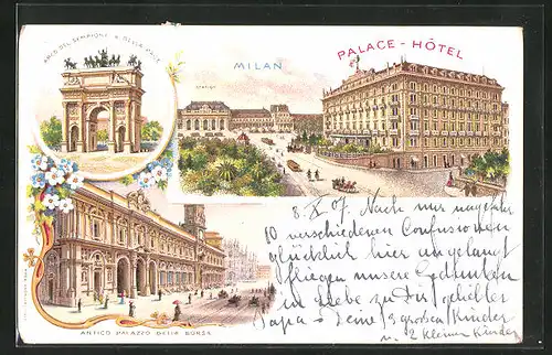 Lithographie Milan, Palace Hotel, Antico Palazzo della Borsa, Station