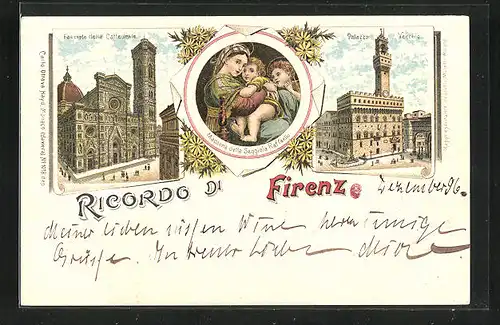 Lithographie Firenze, Facciata della Cattedrale, Palazzo Vecchio