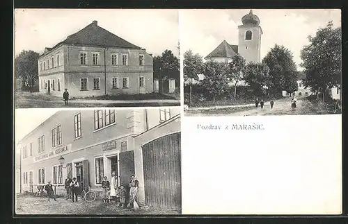 AK Morasice, Hostinec, Strassenpartie mit Kirche