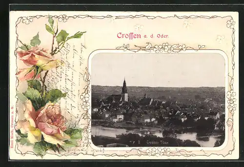 Präge-AK Crossen / Krosno Odrz, Panorama mit Kirche