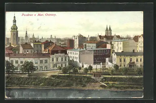 AK Ostrava, Panorama mit Türmen, Geschäft v. A. Immerglück