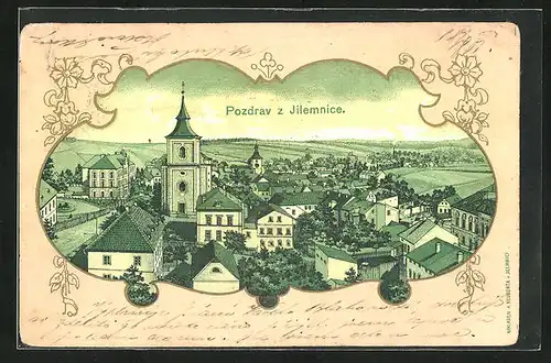 AK Jilemnice, Ortsansicht aus der Vogelschau, Vergoldeter Rahmen
