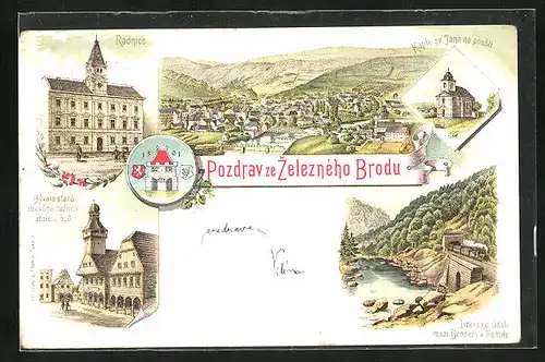 Lithographie Zelezny Brod, radnice, Kaple sv. jana na pousti, Jizerské údoli mezi Brodem a Semily
