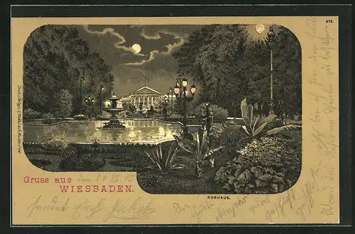 Lithographie Wiesbaden, Kurhaus bei Mondschein