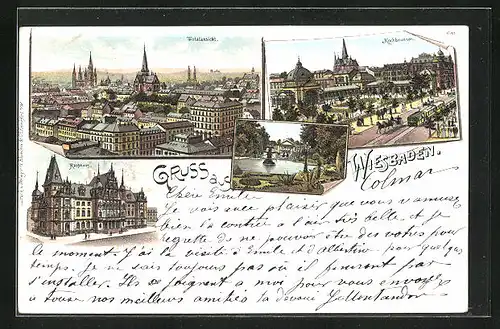 Lithographie Wiesbaden, Totalansicht, Rathaus, Kochbrunnen