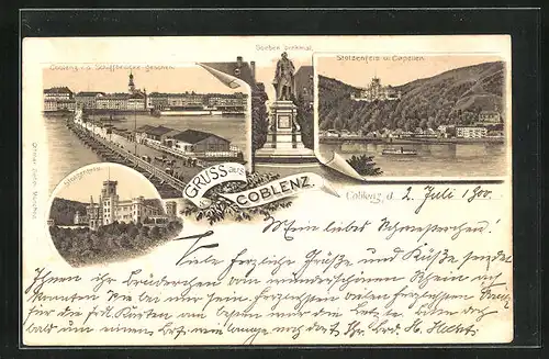 Lithographie Koblenz, Teilansicht von der Schiffbrücke gesehen, Goeben Denkmal, Stolzenfels
