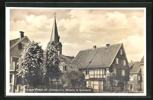 AK Burscheid, Trauter Winkel mit alt-bergischen Häusern und Kirche