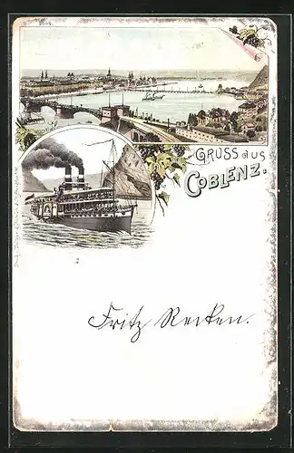 Lithographie Coblenz, Teilansicht mit Brücke, Dampfer auf dem Rhein