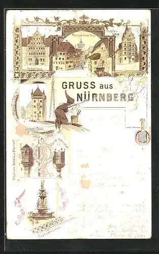 Lithographie Nürnberg, Thiergärtner-Thor, Toppler-Haus, Tugendbrunnen