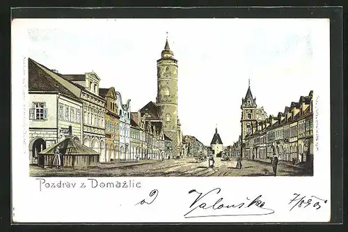 Lithographie Domazlice, Marktplatz mit Blick auf Wachturm