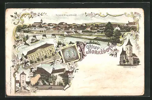 AK Horazdovice, Pohled od Otavy zlatonosné, Radnice, Prazská brana, Dekanský chrám