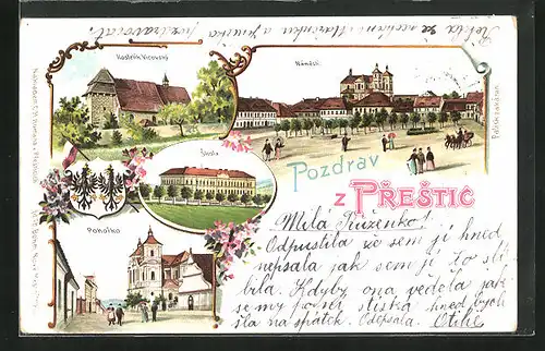 Lithographie Prestice, Kostelík Vicovský, Námestí, Pohorko, Skola