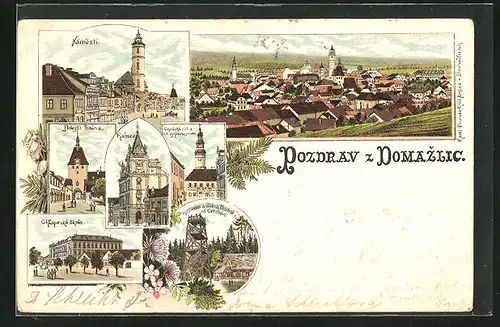 Lithographie Domazlice, Námestí, Dolejsi brána, Radnice, Chlapecká skola