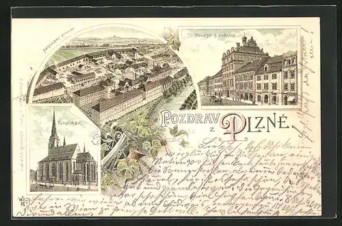 Lithographie Plzen, Námestí s radnice, Mestansky pivovar, Fanní chrám, Brauerei