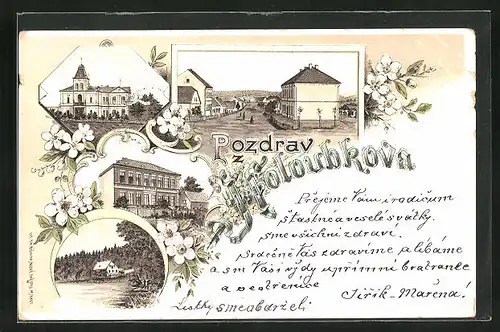 Lithographie Holoubkov, Skola, Gasthaus am See, Námestí