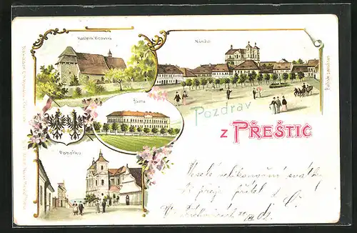 Lithographie Prestice, Kostelik Vicovský, Námestí, Pohorko, Skola