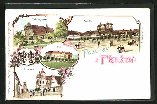 Lithographie Prestice, Skola, Pohorko, Kostelík Vicovský, Námestí