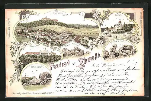 Lithographie Zbiroh, Kostel, Partie z okoli, Zámek