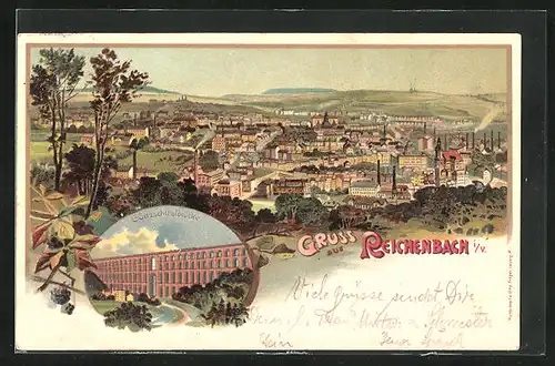 Lithographie Reichenbach i. V., Göltzschthalbrücke, Ortsansicht aus der Vogelschau
