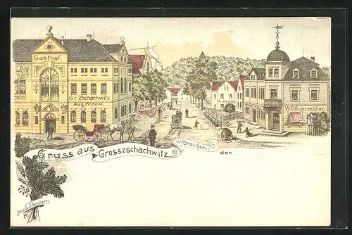 Lithographie Grosszschachwitz b. Dresden, Strassenpartie mit Gasthof von Aug. Pinnow und Geschäft von W. O. Guhrmüller