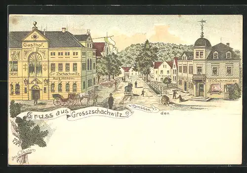 Lithographie Grosszschachwitz b. Dresden, Strasse mit Gasthof von Aug. Pinnow und Geschäft von W. O. Guhrmüller