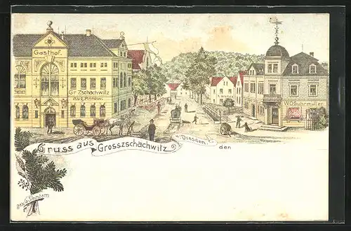 Lithographie Grosszschachwitz b. Dresden, Strassenansicht mit Gasthof von Aug. Pinnow und Geschäft von W. O. Guhrmüller