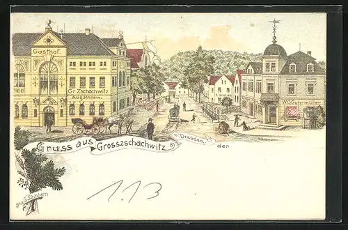 Lithographie Grosszschachwitz b. Dresden, Strassenblick mit Gasthof von Aug. Pinnow und Geschäft von W. O. Guhrmüller