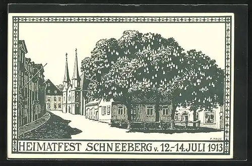 Künstler-AK Schneeberg, Festpostkarte zum Heimatfest 1913, Hauptwache am Fürstenplatz und Hospitalkirche
