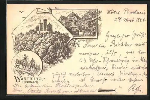 Vorläufer-Lithographie Eisenach, 1888, Ganzsache PP6F154 /026, Wartburg von der Südseite, Ritterhof