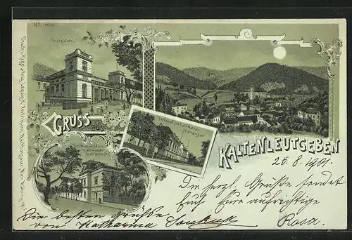 Mondschein-Lithographie Kaltenleutgeben, Cursalon, Dr. Emmel`sche und Prof. Winternitz`sche Kaltwasser-Heilanstalten