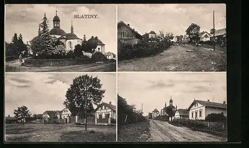 AK Slatiny, Kirche, Feldweg, Wohnhäuser